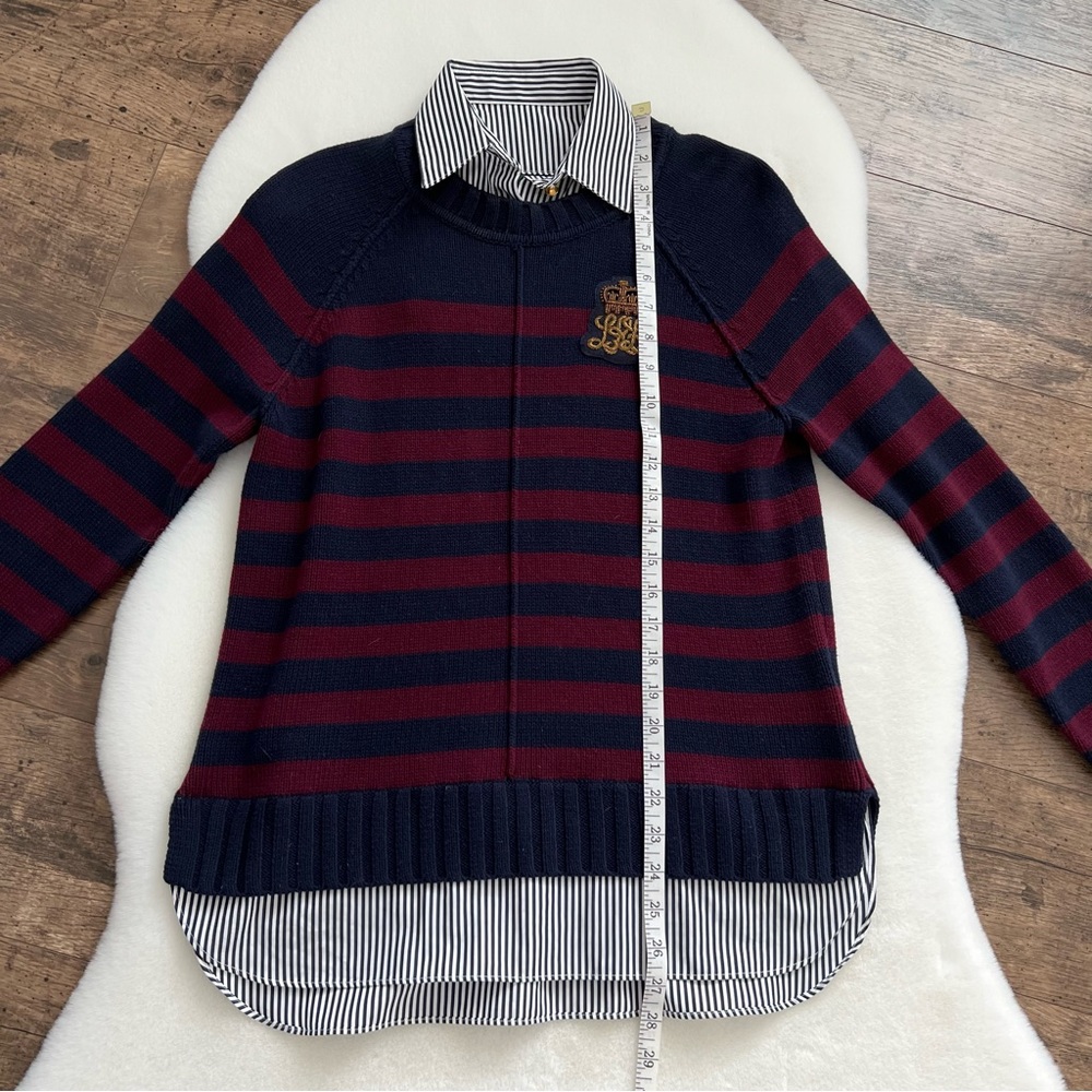 Lauren Ralph Lauren Bullion Crest Faux Layered Sweater Navy Red Stripe Medium - Picture 16 of 17